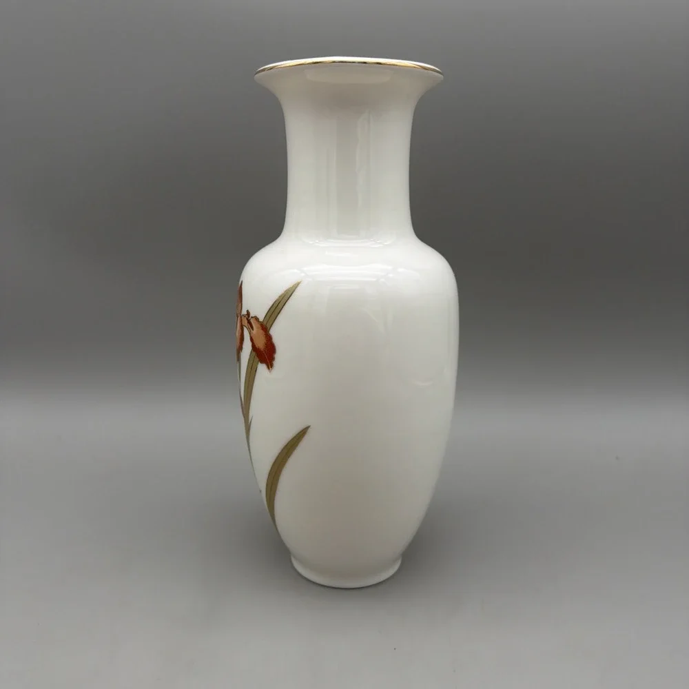 Vintage Japan MCM White Flower Vase Orange  Gold Iris Fine China